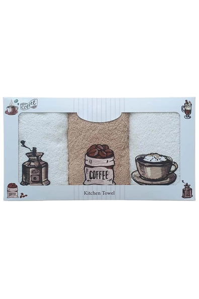 3 lü Kahve Baskılı %100 Pamuklu Mutfak Havlusu 30 x 50 Cm - 2