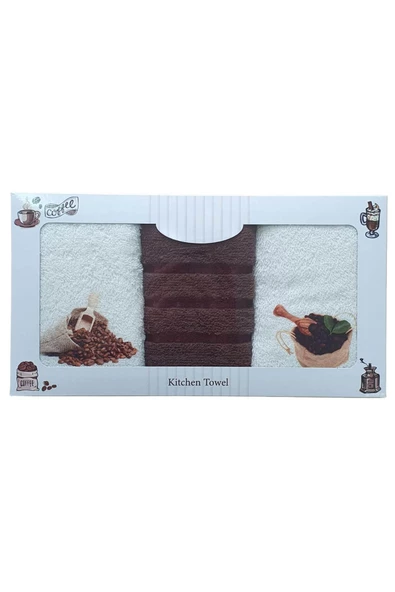 3 lü Kahve Baskılı %100 Pamuklu Mutfak Havlusu 30 x 50 Cm - 8