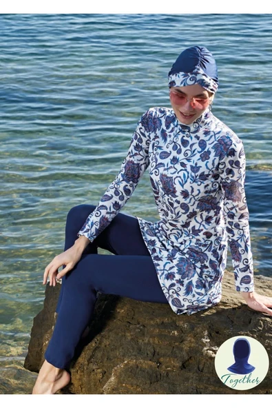 Ruko Maio 231212 Çift Eşarp ve Tesettür Boneli Balıkçı Yaka Lycra Kumaş Tam Tesettür Mayo ürün görseli