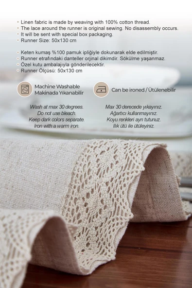 %100 Keten Pamuk Dantelli Runner 50x130 cm Linen Kumaş Masa Örtüsü Sehpa Leke Tutmaz Mutfak Bej - 3