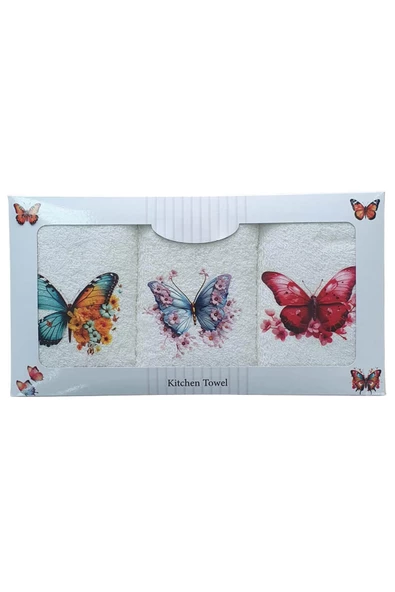 3 lü Kelebek Baskılı %100 Pamuklu Mutfak Havlusu 30 x 50 Cm - 2