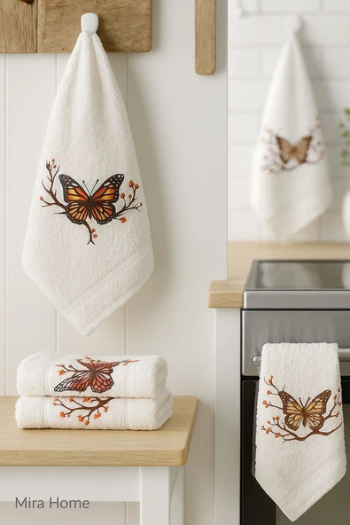 3 lü Kelebek Baskılı %100 Pamuklu Mutfak Havlusu 30 x 50 Cm - 12