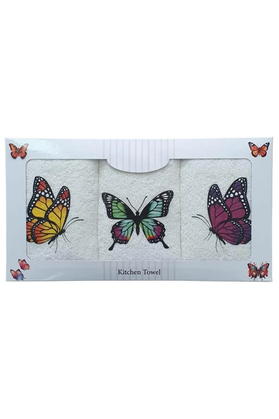 3 lü Kelebek Baskılı %100 Pamuklu Mutfak Havlusu 30 x 50 Cm - 10