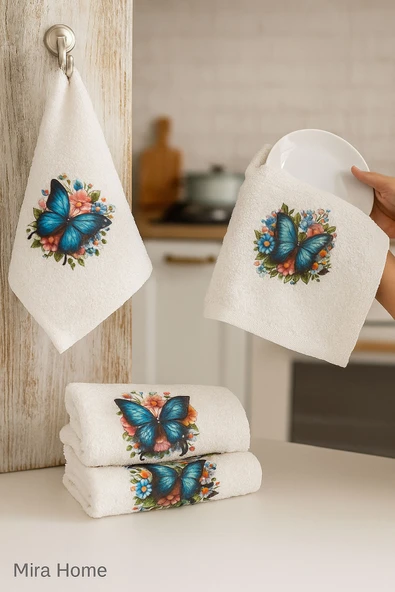 3 lü Kelebek Baskılı %100 Pamuklu Mutfak Havlusu 30 x 50 Cm - 6