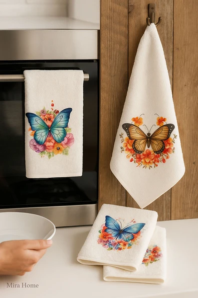 3 lü Kelebek Baskılı %100 Pamuklu Mutfak Havlusu 30 x 50 Cm - 7