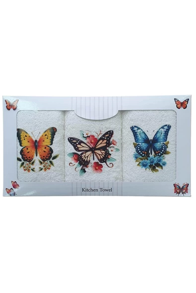 3 lü Kelebek Baskılı %100 Pamuklu Mutfak Havlusu 30 x 50 Cm - 8