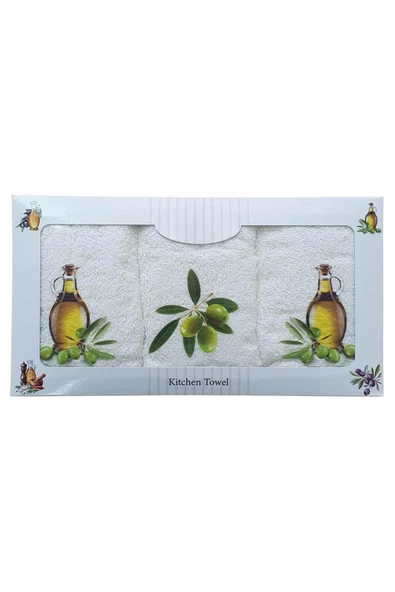 3 lü Zeytin Baskılı %100 Pamuklu Mutfak Havlusu 30 x 50 Cm - 4