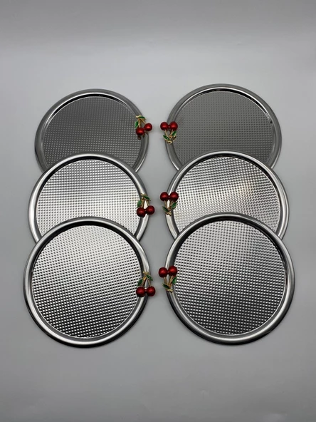 6'lı Kirazlı Yuvarlak Gümüş Çay ve Kahve Sunum Tepsisi, Dekoratif Servis Tepsisi 22cm Tek Kişilik - 2