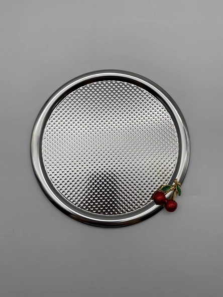 6'lı Kirazlı Yuvarlak Gümüş Çay ve Kahve Sunum Tepsisi, Dekoratif Servis Tepsisi 22cm Tek Kişilik - 4