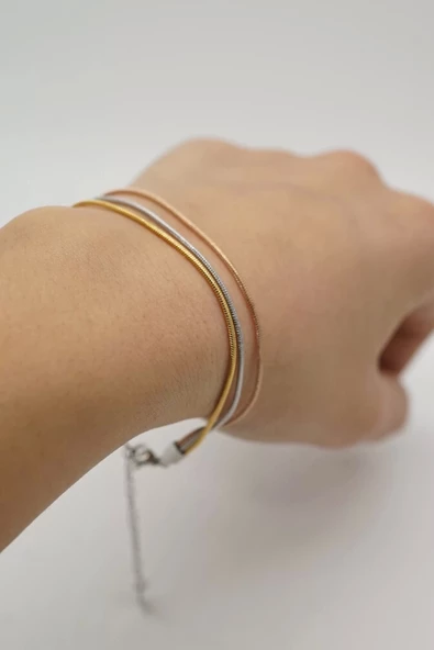 Üçlü Altın Gümüş Bakır Renk Çelik Bileklik - 3