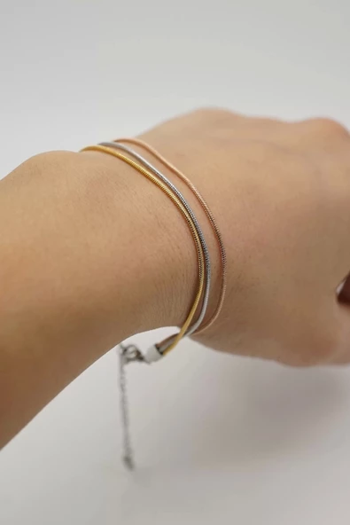 Üçlü Altın Gümüş Bakır Renk Çelik Bileklik - 2