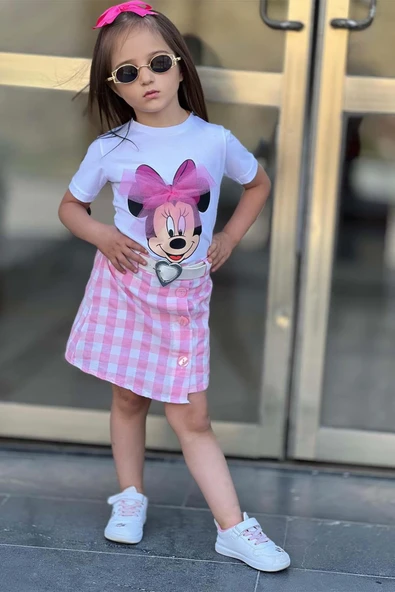 Kız Çocuk Minnie Baskı ve Üzeri Tül Fiyonk Detaylı Tişört Ekose Desen Etekli Takım - Resim 4