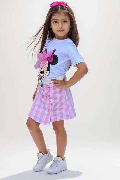 Kız Çocuk Minnie Baskı ve Üzeri Tül Fiyonk Detaylı Tişört Ekose Desen Etekli Takım - Resim 2