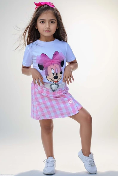 Kız Çocuk Minnie Baskı ve Üzeri Tül Fiyonk Detaylı Tişört Ekose Desen Etekli Takım ürün görseli