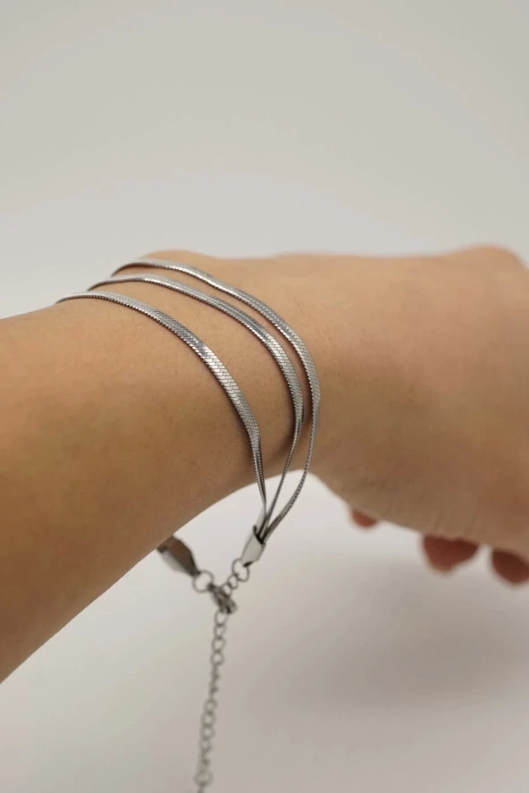 Üçlü İtalyan Zincir Gümüş Renk Çelik Bileklik - 2