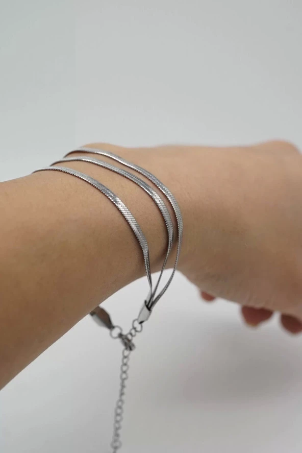 Üçlü İtalyan Zincir Gümüş Renk Çelik Bileklik - 3