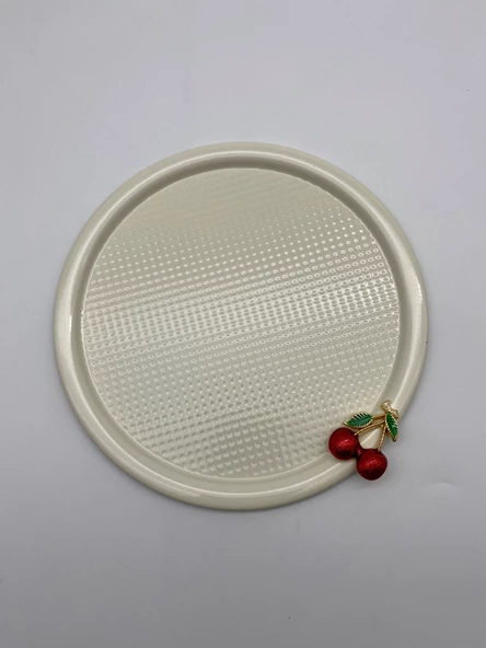 6'lı Kirazlı Yuvarlak Krem Çay ve Kahve Sunum Tepsisi, Dekoratif Servis Tepsisi 22cm Tek Kişilik - 3