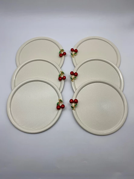 6'lı Kirazlı Yuvarlak Krem Çay ve Kahve Sunum Tepsisi, Dekoratif Servis Tepsisi 22cm Tek Kişilik - 2