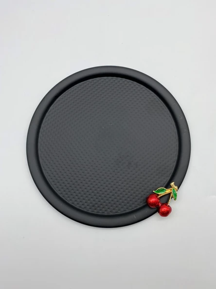 6'lı Kirazlı Yuvarlak Siyah Çay ve Kahve Sunum Tepsisi, Dekoratif Servis Tepsisi 22cm Tek Kişilik - 3