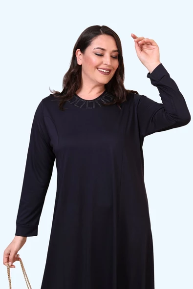 8685 Kadın Tesettür Giyim Boydan Büyük Beden Begonya Taşlı Elbise - 5