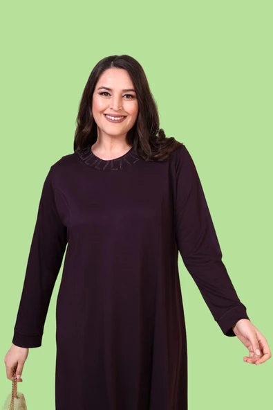 8685 Kadın Tesettür Giyim Boydan Büyük Beden Begonya Taşlı Elbise - 9