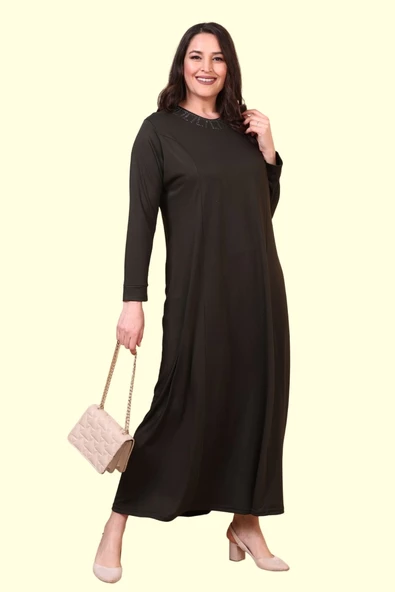 8685 Kadın Tesettür Giyim Boydan Büyük Beden Begonya Taşlı Elbise - 4