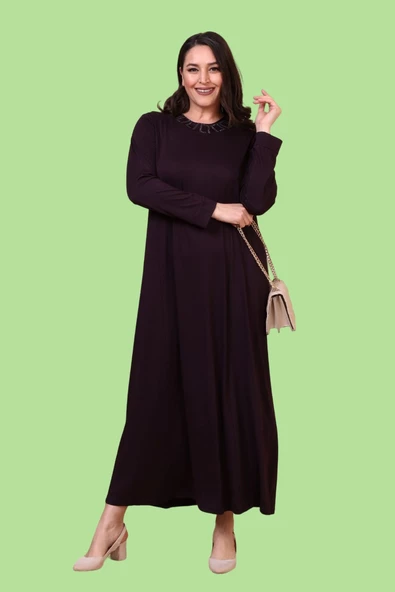 8685 Kadın Tesettür Giyim Boydan Büyük Beden Begonya Taşlı Elbise - 10