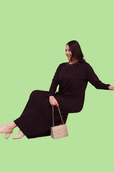 8685 Kadın Tesettür Giyim Boydan Büyük Beden Begonya Taşlı Elbise - 11