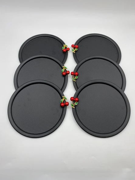 6'lı Kirazlı Yuvarlak Siyah Çay ve Kahve Sunum Tepsisi, Dekoratif Servis Tepsisi 22cm Tek Kişilik - 2