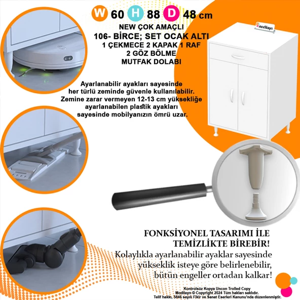 Modilayn BİRCE 60 x 87 x 48 cm Set Üstü Ocak ve Tüp Bölmeli Çekmeceli Mutfak Dolabı - 6