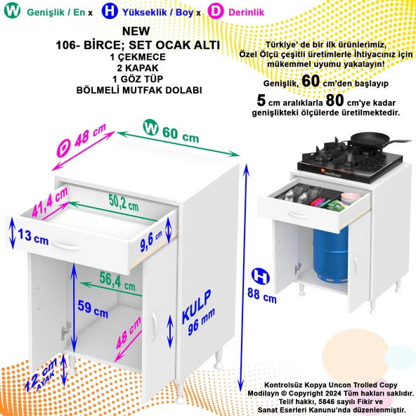 Modilayn BİRCE 60 x 87 x 48 cm Set Üstü Ocak ve Tüp Bölmeli Çekmeceli Mutfak Dolabı - 5