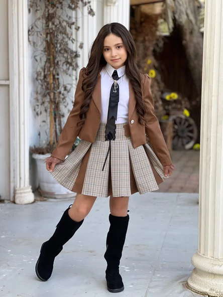 Uğurböceğiçocuk Vildan Tabu Kravatlı 3'lü Kız Çocuk Ceketli Takım - 8