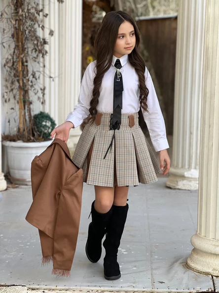 Uğurböceğiçocuk Vildan Tabu Kravatlı 3'lü Kız Çocuk Ceketli Takım - 3