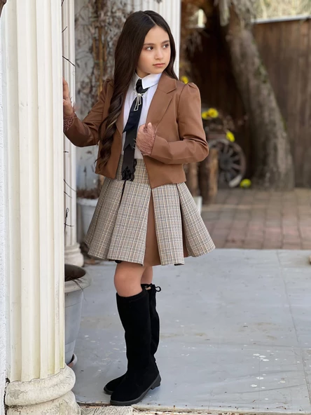 Uğurböceğiçocuk Vildan Tabu Kravatlı 3'lü Kız Çocuk Ceketli Takım - 9