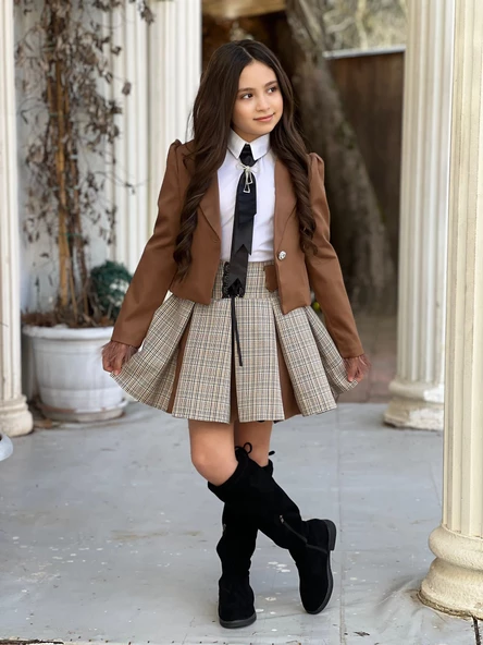 Uğurböceğiçocuk Vildan Tabu Kravatlı 3'lü Kız Çocuk Ceketli Takım - 7