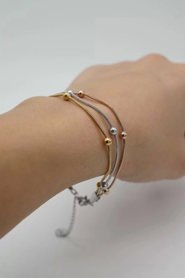 Üçlü Boncuk Detay Altın Gümüş Bakır Renk Çelik Bileklik - 2