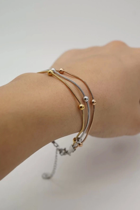 Üçlü Boncuk Detay Altın Gümüş Bakır Renk Çelik Bileklik - 3