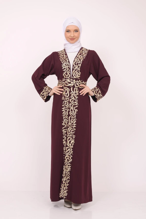 Uzun Kollu Oversize Kalıplı Geleneksel Kalın Arapça Harfları Nakışlı Kadın Geniş Abaya M-3XL C100032