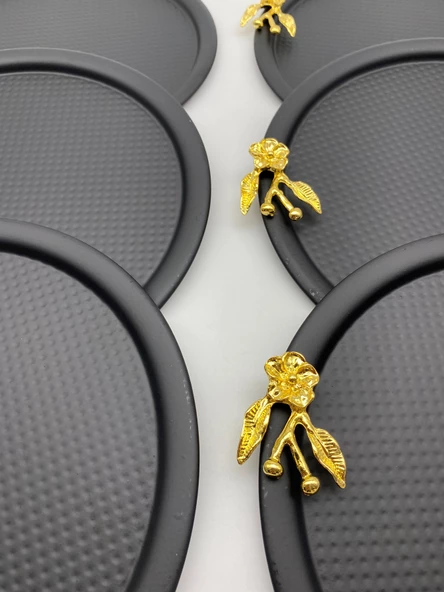 6'lı Japon Güllü Yuvarlak Siyah Çay ve Kahve Sunum Tepsisi, Dekoratif Servis Tepsisi 22cm - 2