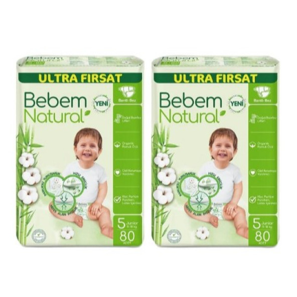 Bebem Natural Bebek Bezi 5 Numara Junıor Aylık Ultra 160 80x2 Ad