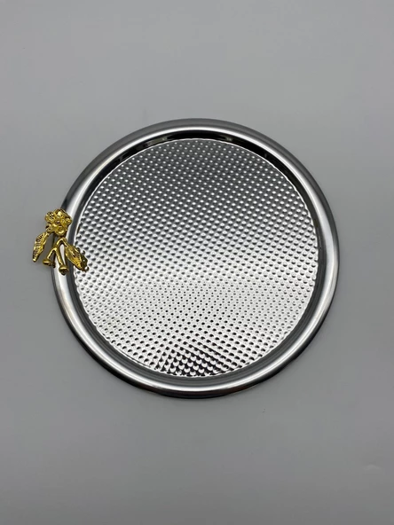 6'lı Japon Güllü Yuvarlak Gümüş Çay ve Kahve Sunum Tepsisi, Dekoratif Servis Tepsisi 22cm - 3