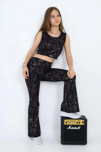 KIZ ÇOCUK KALIN ASKILI TİŞÖRT MODELLİ İSPANYOL PAÇA TAYTLI TAKIM - Resim 5