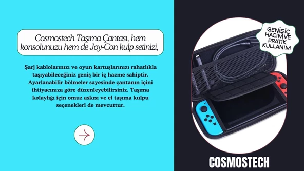 Cosmostech Nintendo Switch Oyun Konsolu Uyumlu Taşıma Çantası Kılıf Mavi - 6
