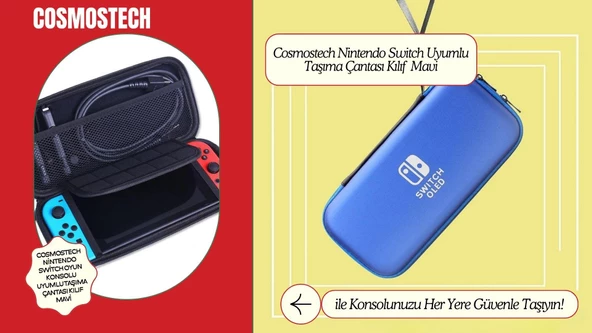 Cosmostech Nintendo Switch Oyun Konsolu Uyumlu Taşıma Çantası Kılıf Mavi - 2