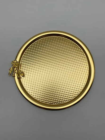 6'lı Japon Güllü Yuvarlak Gold Çay ve Kahve Sunum Tepsisi, Dekoratif Servis Tepsisi 22cm - 3