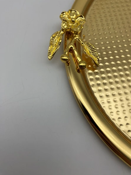 6'lı Japon Güllü Yuvarlak Gold Çay ve Kahve Sunum Tepsisi, Dekoratif Servis Tepsisi 22cm - 4