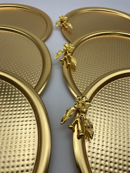 6'lı Japon Güllü Yuvarlak Gold Çay ve Kahve Sunum Tepsisi, Dekoratif Servis Tepsisi 22cm - 2