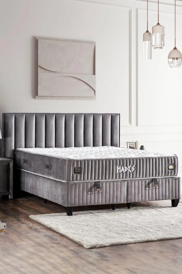 Hades Yatak Baza ve Başlık Seti 200x200 cm Çift Kişilik Paket Yaylı Lüks Yatak Koyu Gri Baza Başlık