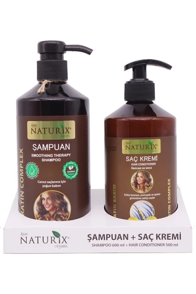 Naturix Tuzsuz Keratin Bakım Şampuan & Saç Kremi Seti  600ml Şampuan + 500ml Krem Saç Güçlendirme & Canlandırma