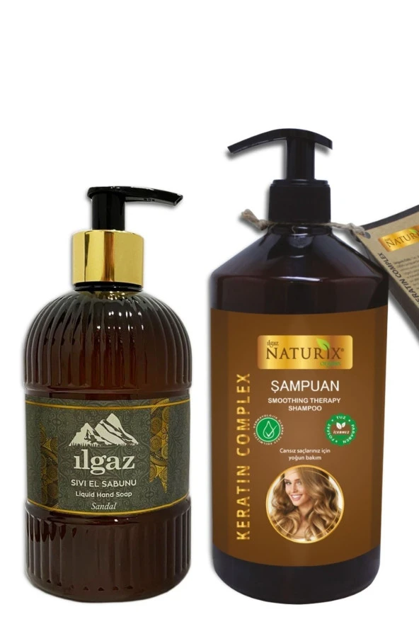 Bitkisel Tuzsuz Parabensiz Keratin Şampuan 600 Ml + Nemlendirici Sandal El Sabunu Sıvı Sabun 475 Ml